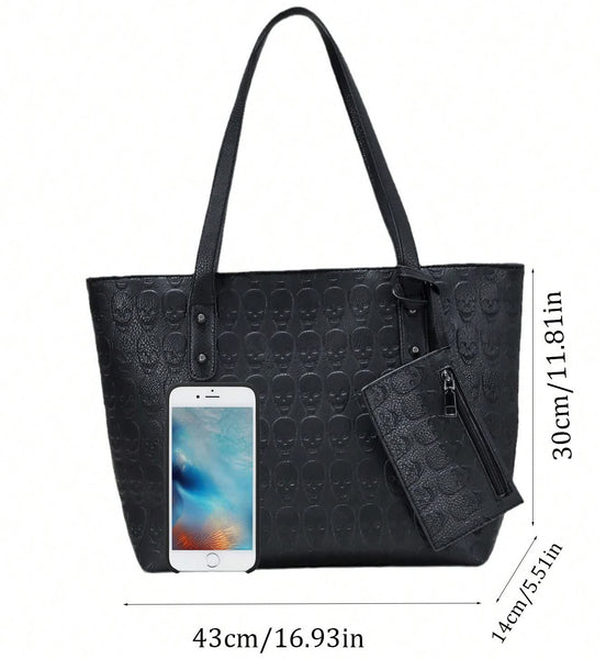 Black Gothic Skull Leather Tote Bag - Size