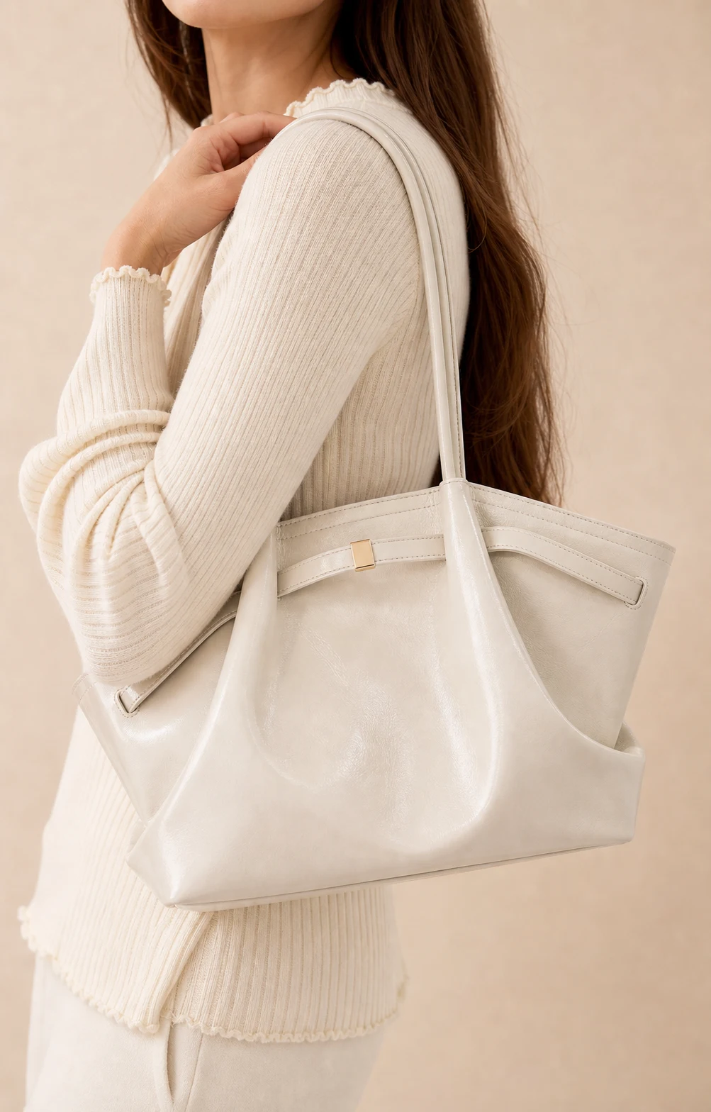 Cream white glossy shoulder tote bag