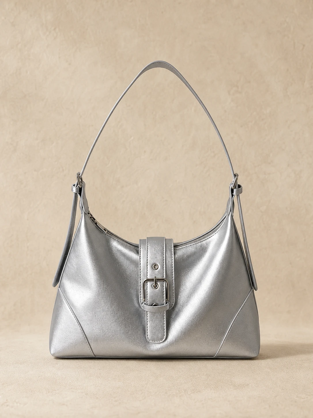 Silver glossy buckle underarm shoulder bag front view