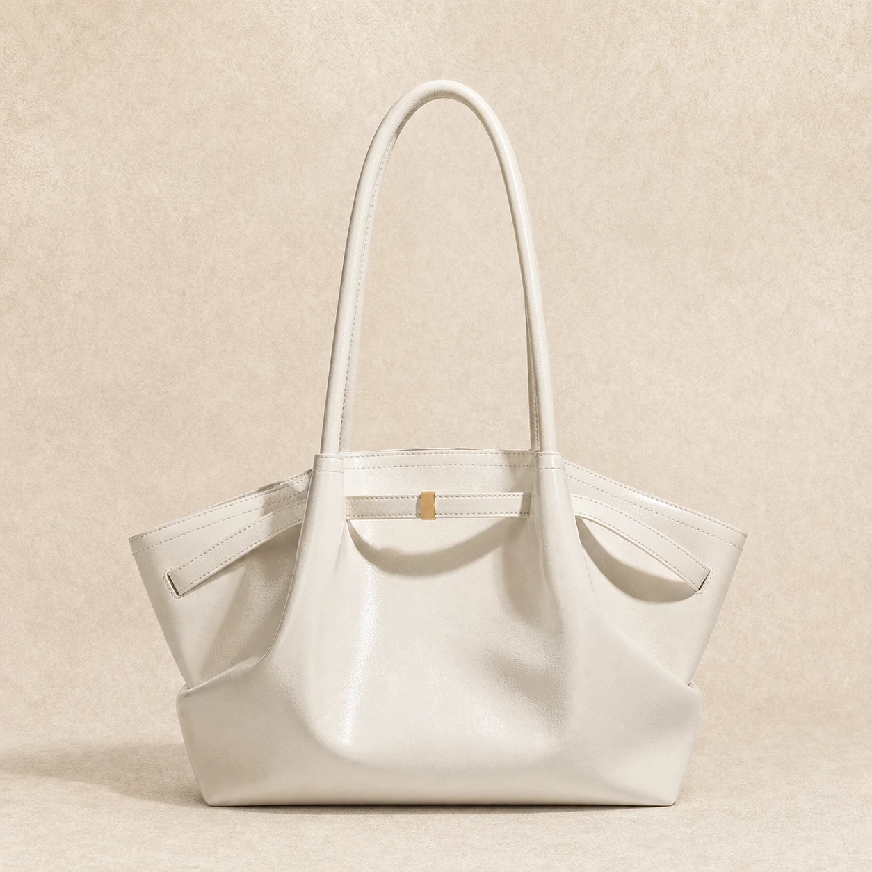 Cream white glossy shoulder tote bag