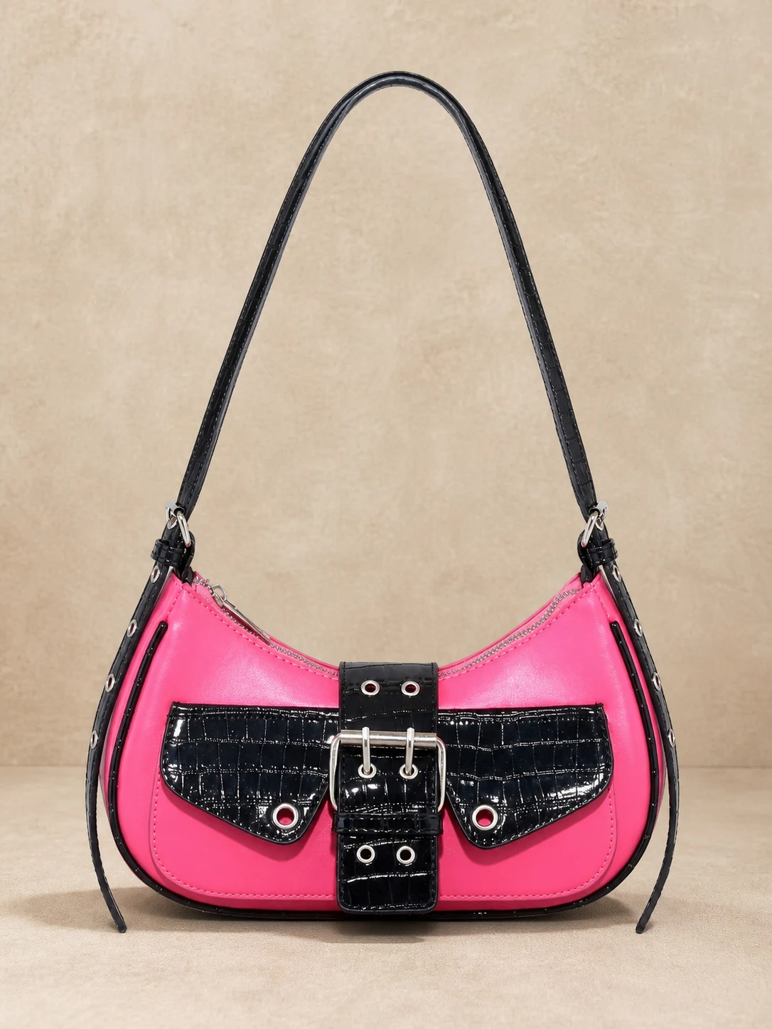 Hot pink and black croc embossed Y2K motorcycle shoulder bag front view