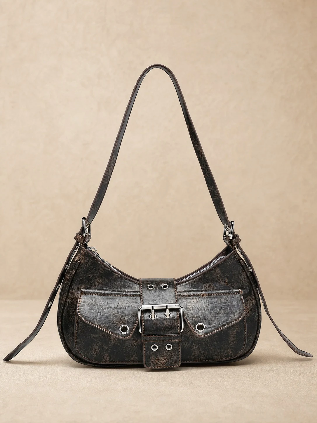Distressed brown Y2K motorcycle shoulder bag front view