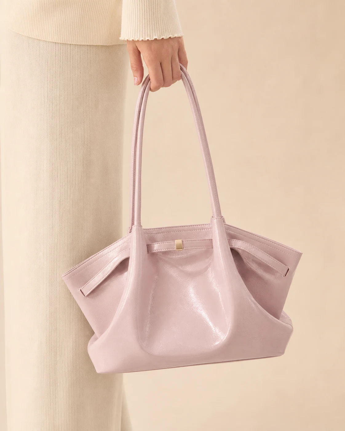 Soft pink glossy shoulder tote bag