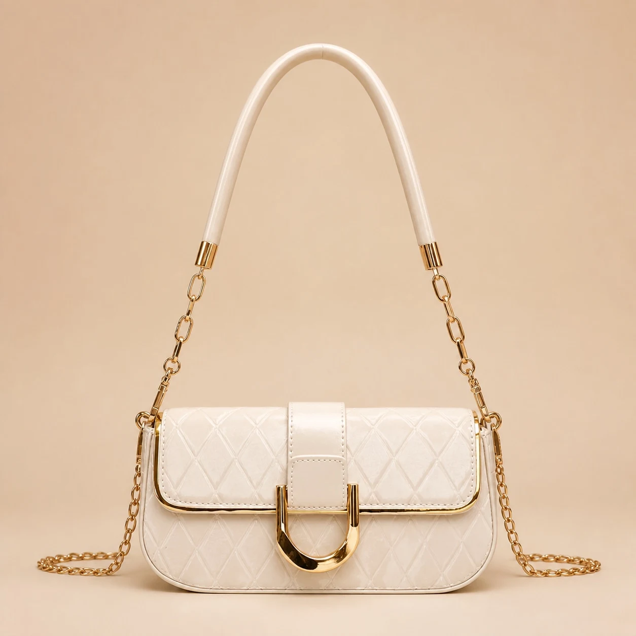 Cream quilted chain shoulder bag front view