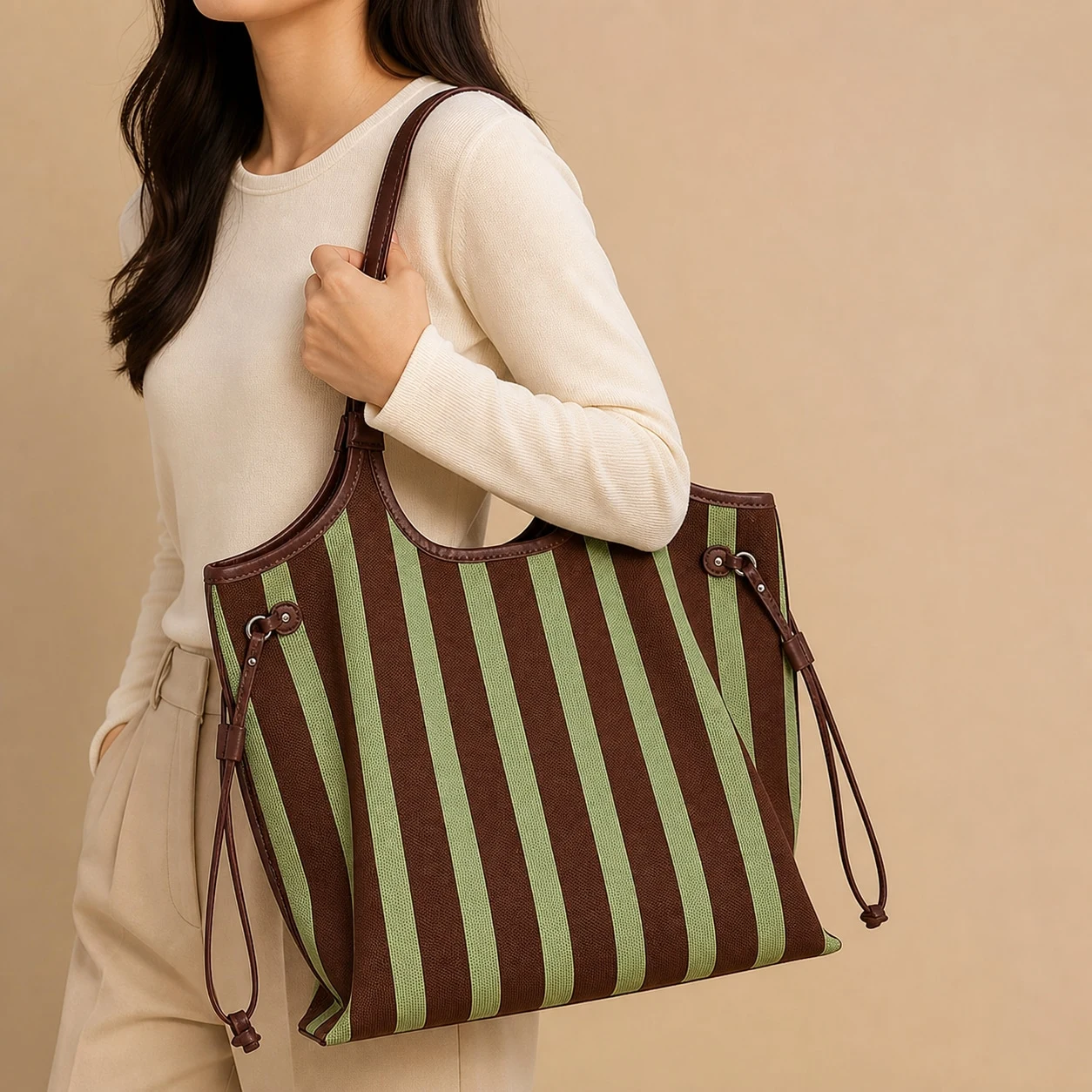 Striped tote shoulder styling