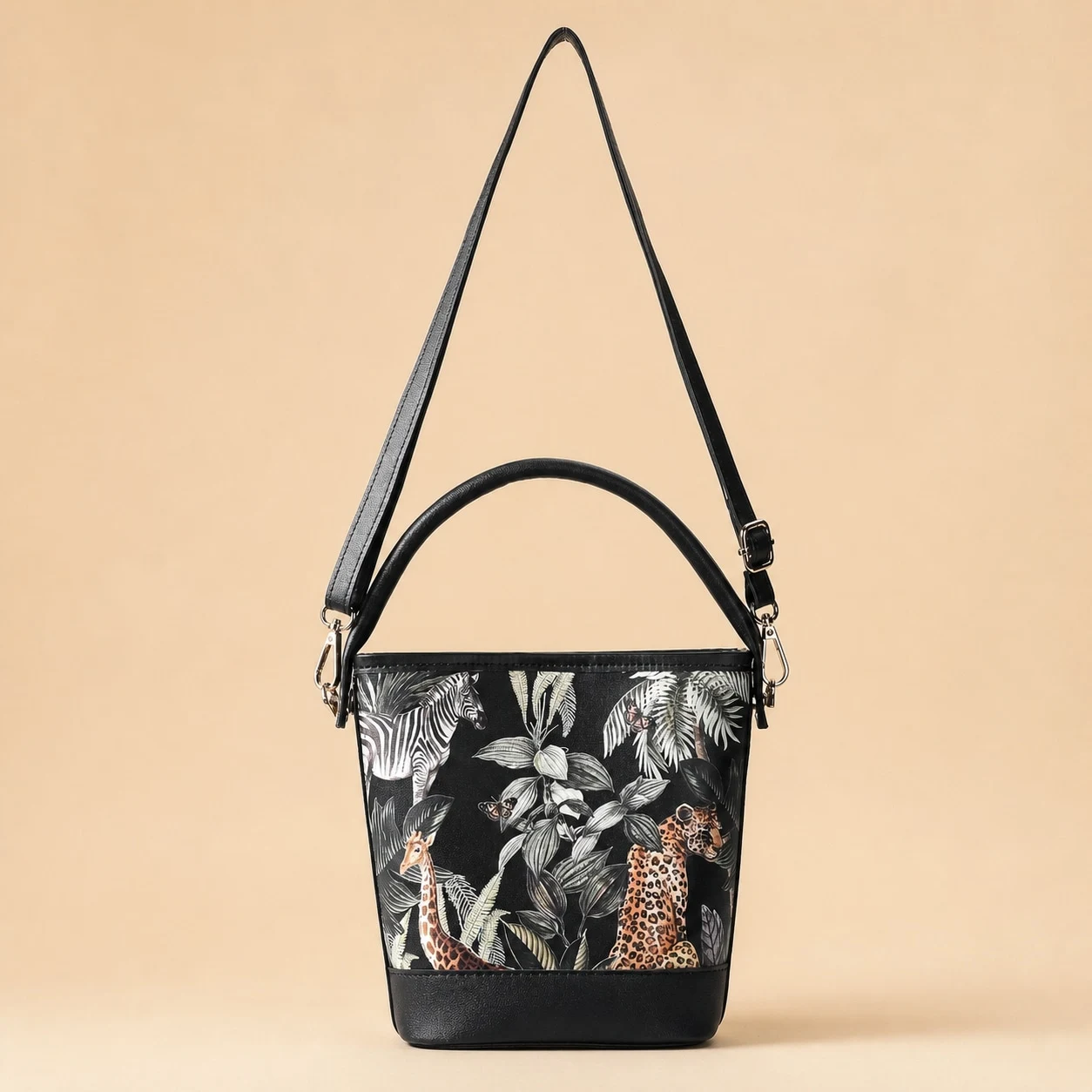 Black safari print bucket bag front view