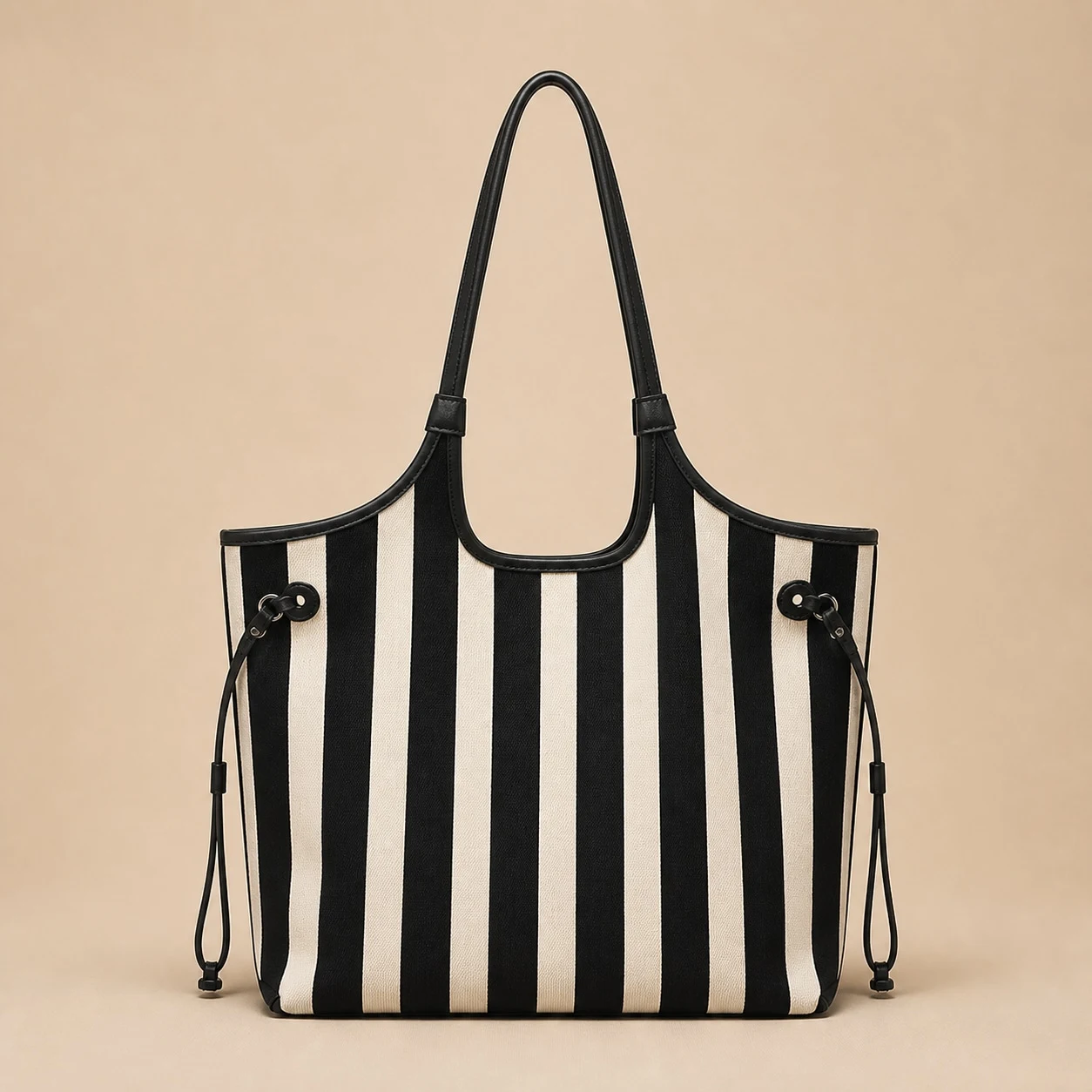 Black and white striped tote bag front view