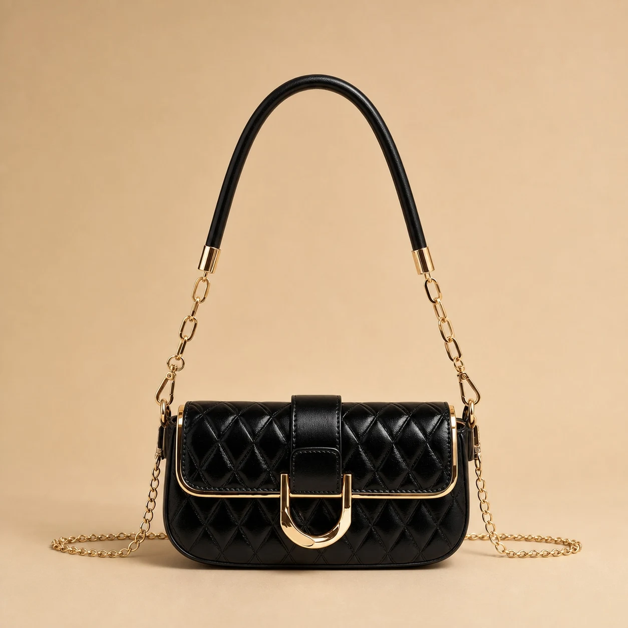 Black quilted chain shoulder bag front view
