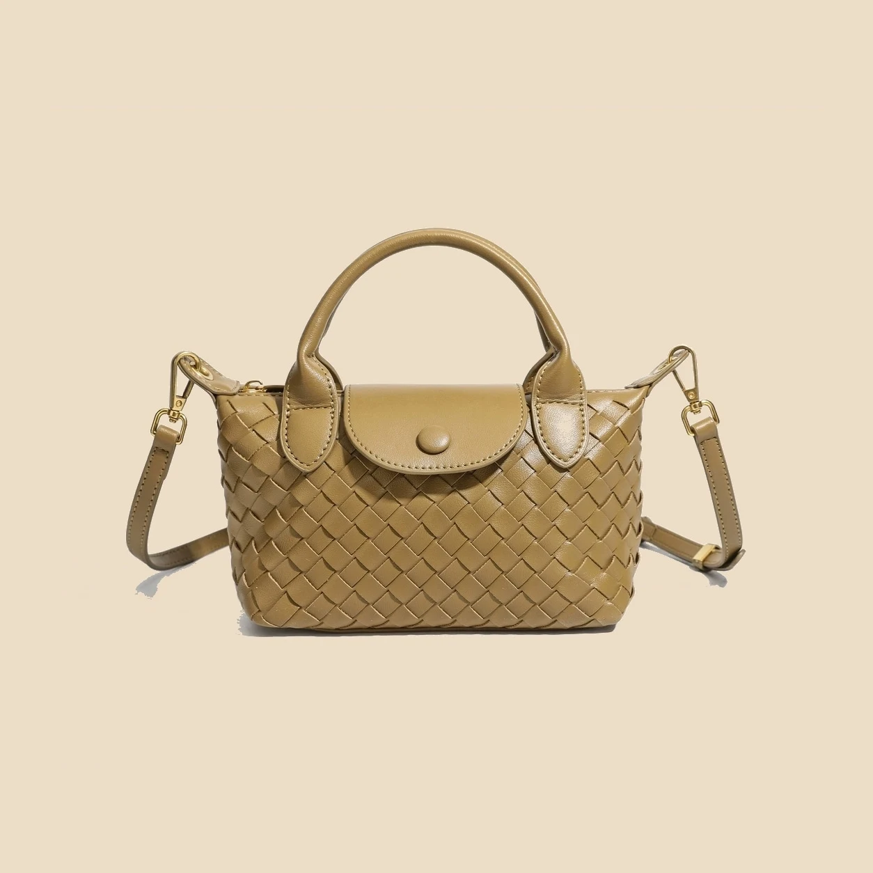 Tan woven satchel bag front view
