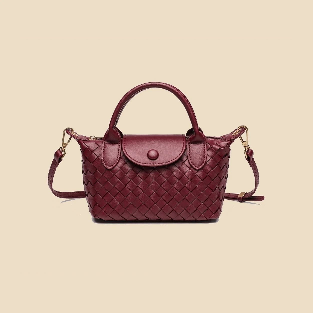 Burgundy woven satchel bag front view