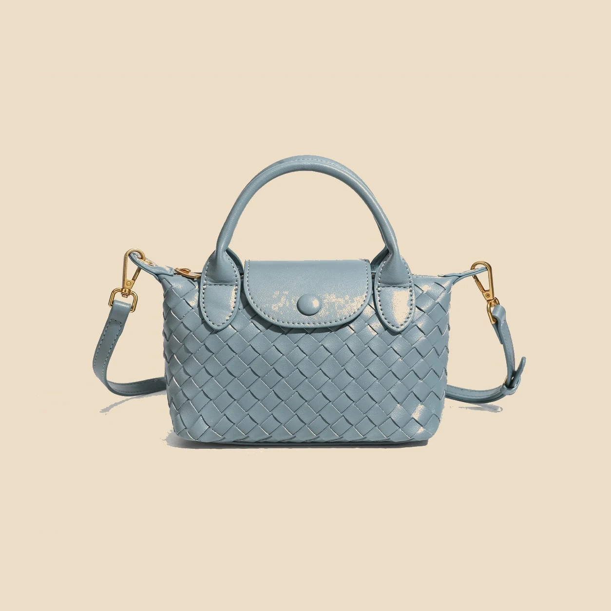 Dusty Blue woven satchel bag front view
