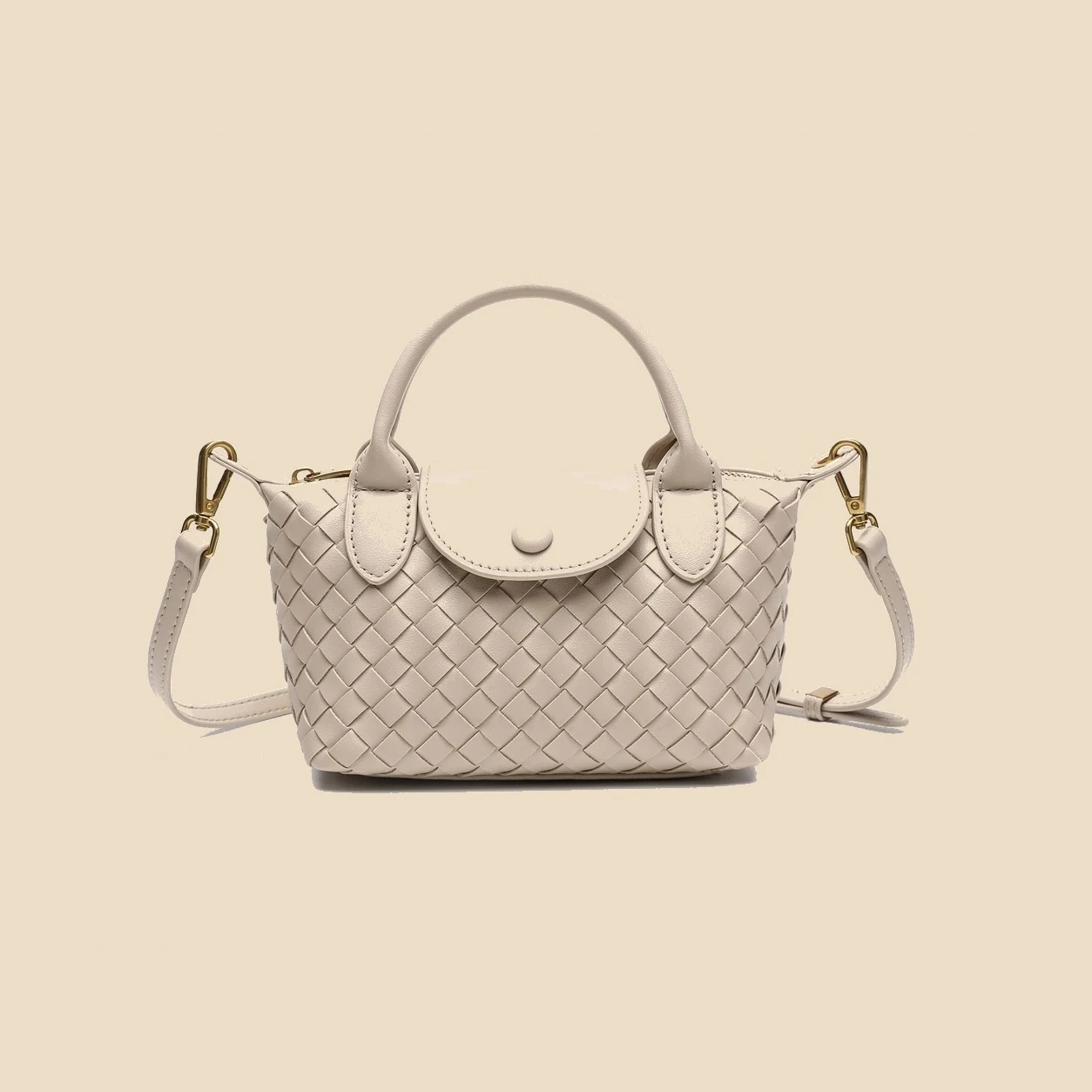 Cream woven satchel bag front view