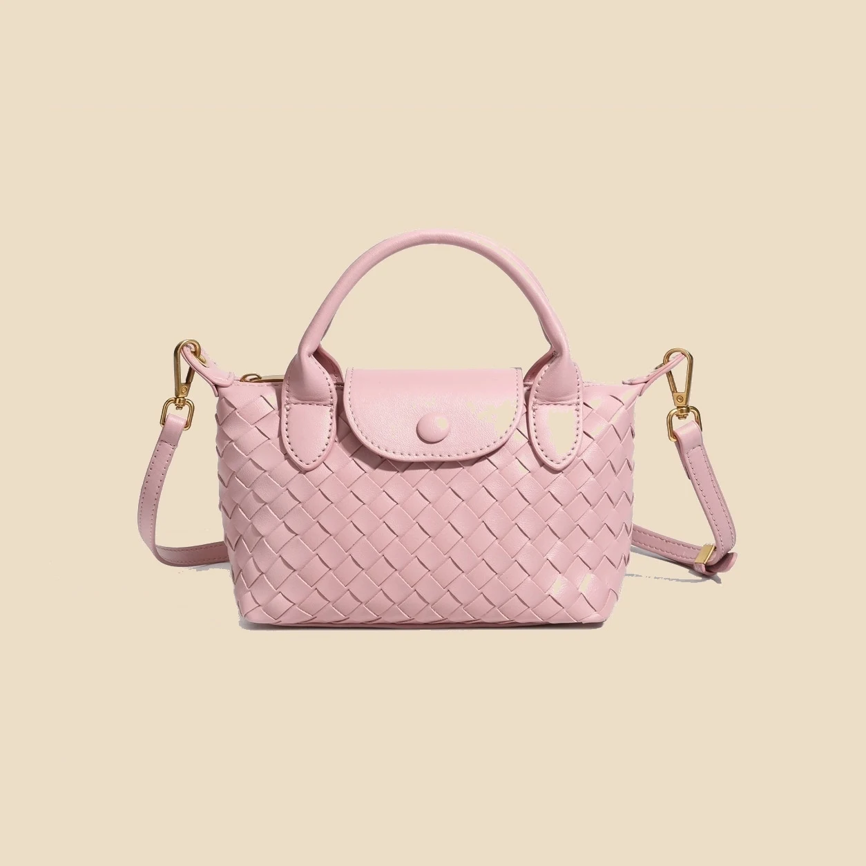 Pink woven satchel bag front view
