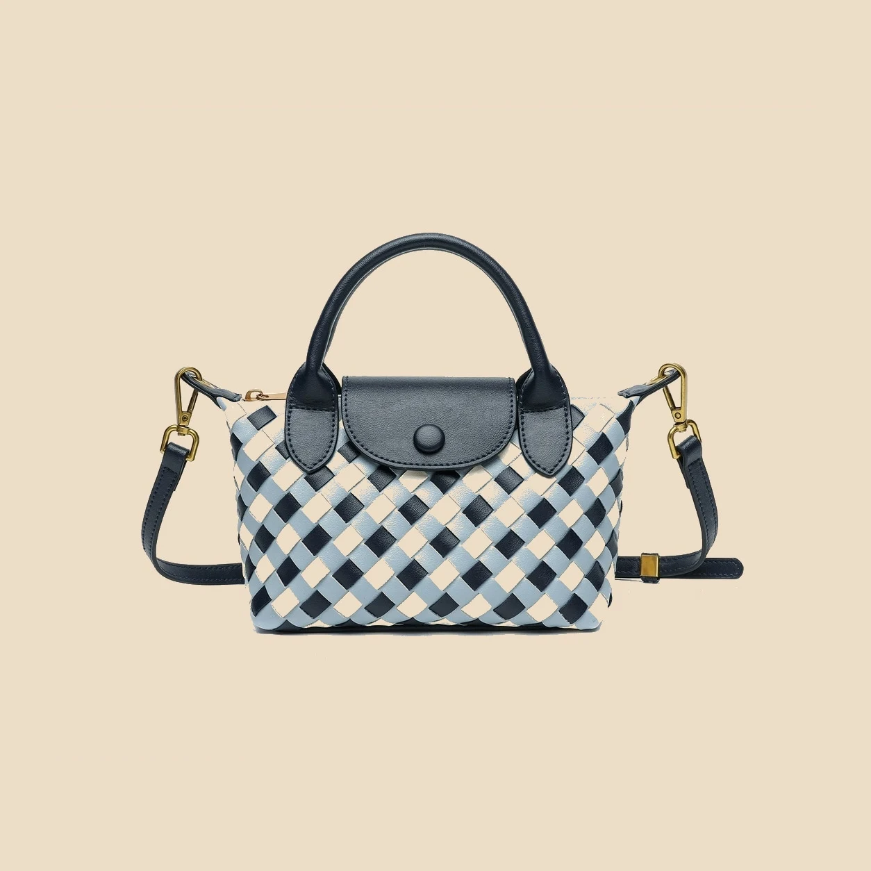 Blue Plaid woven satchel bag front view
