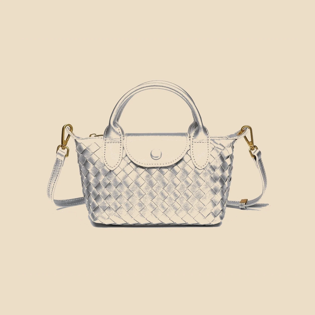 Silver woven satchel bag front view
