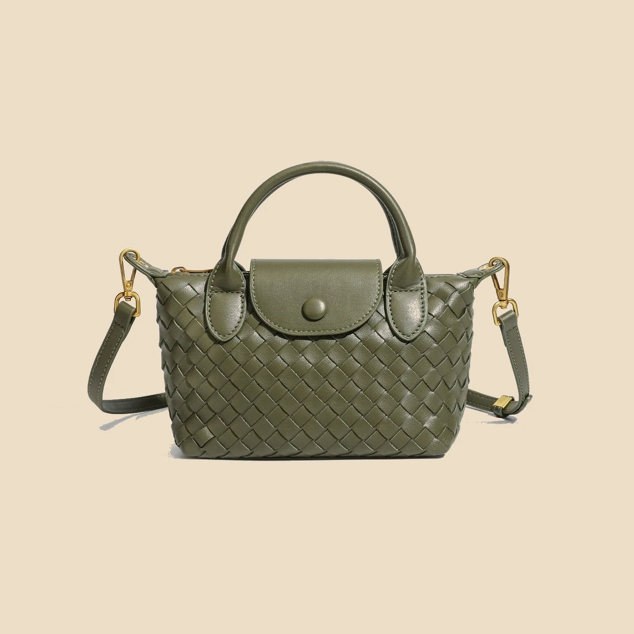 Olive Green woven satchel bag front view