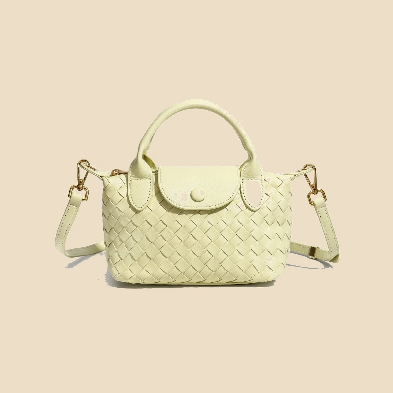 Light Yellow woven satchel bag front view