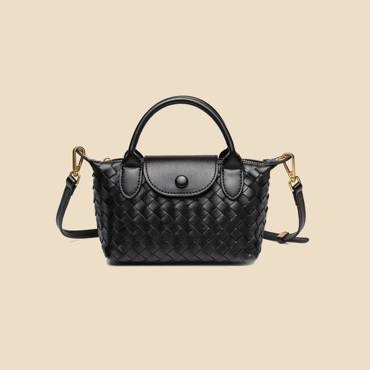 Black woven satchel bag front view